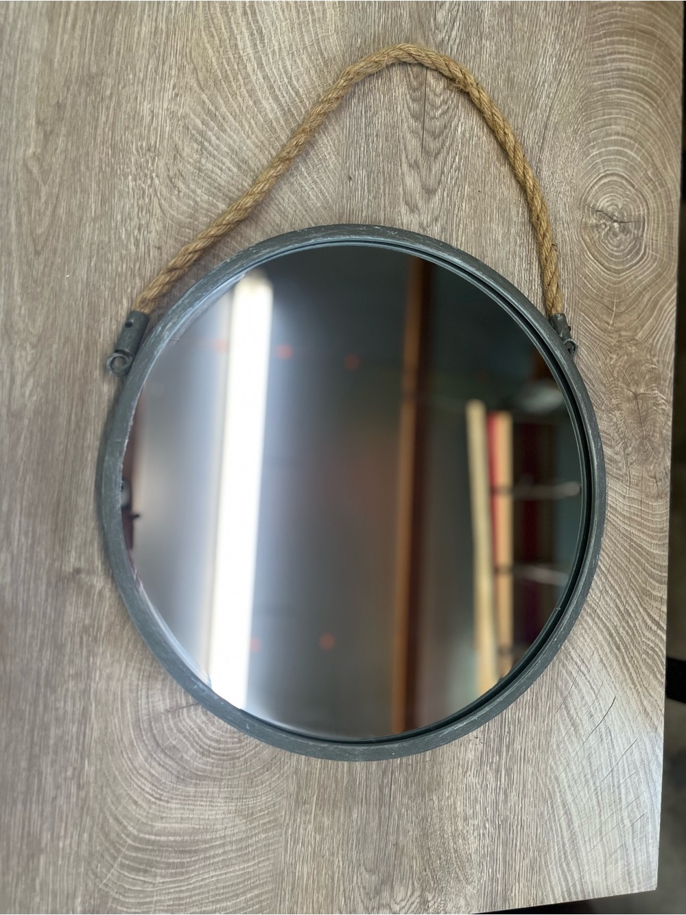 Round metal distressed Hanging Mirror with Rope Strap -